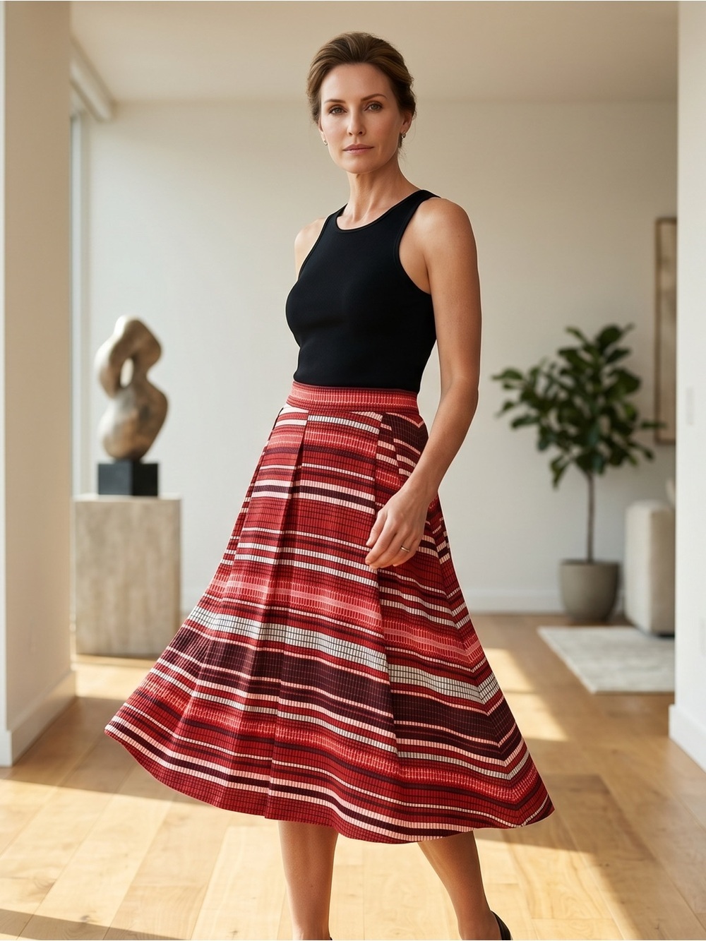 LuLaRoe Elegant & Eye Catching Red Striped Circle Midi Skirt with Side Pockets